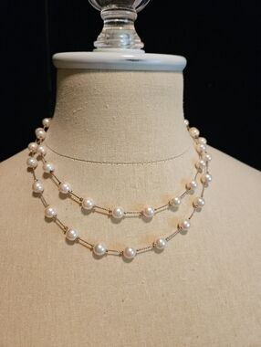 Pearl Station Two-Strand Gold Beaded Necklace - White Pearls